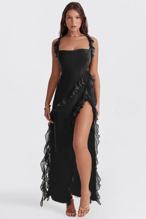 Chiffon Square Neck Ruffle Strap Asymmetric Ruffle Trim High Split Maxi Dress 9
