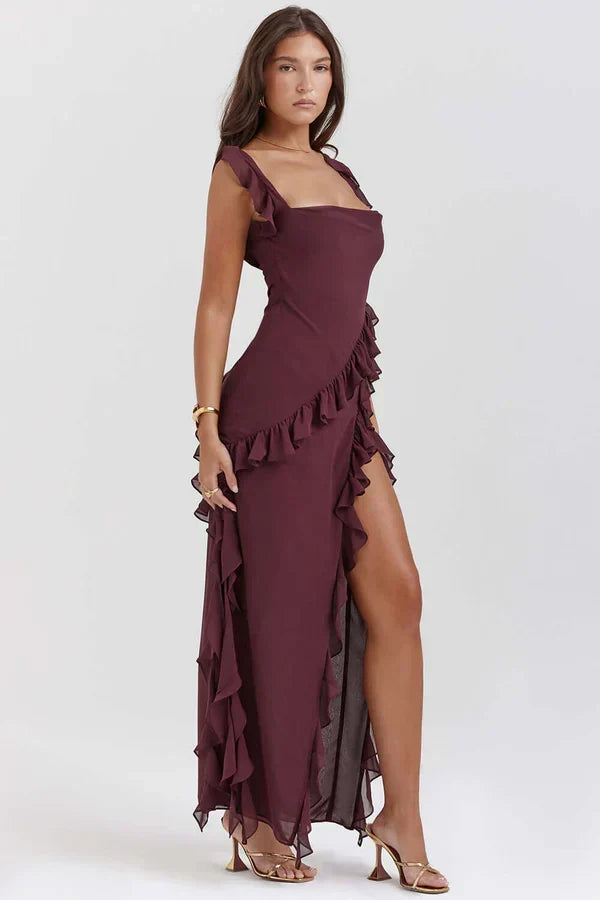 Chiffon Square Neck Ruffle Strap Asymmetric Ruffle Trim High Split Maxi Dress 2