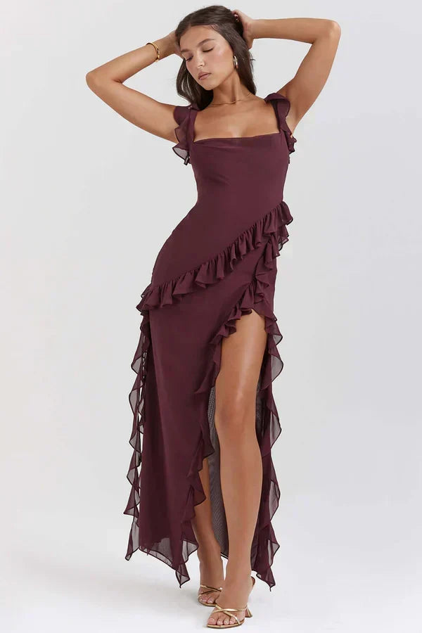 Chiffon Square Neck Ruffle Strap Asymmetric Ruffle Trim High Split Maxi Dress