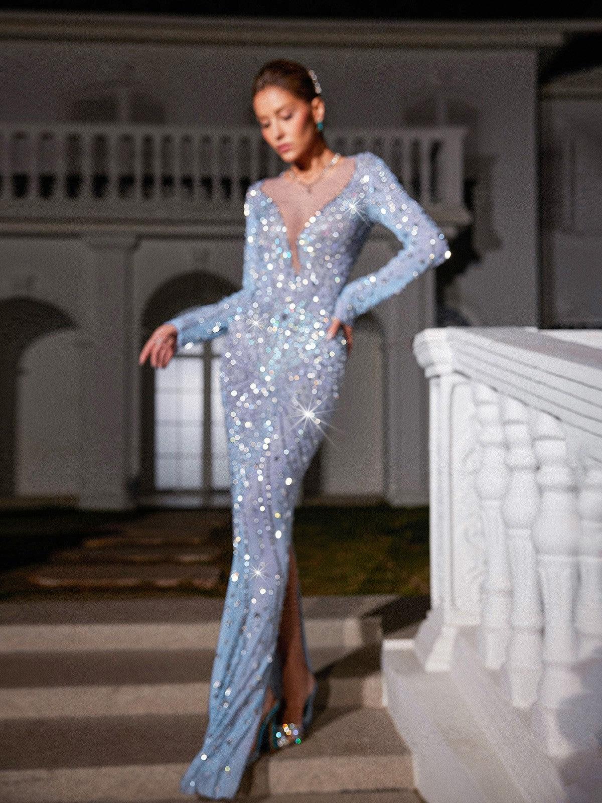 Long Sleeve Rhinestone Mesh Maxi Dress - View 2