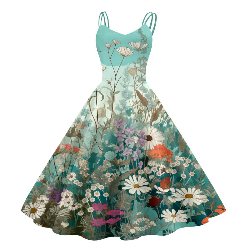 Double Strap Sweetheart Neck Fit and Flare A-Line Midi Dress