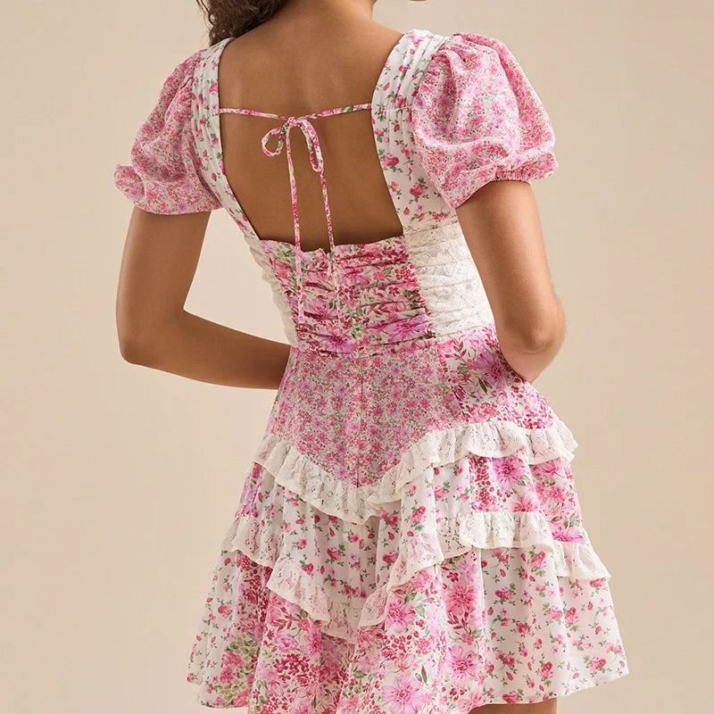 Floral Sweetheart Puff Sleeve Tiered Ruffle Mini Dress 5