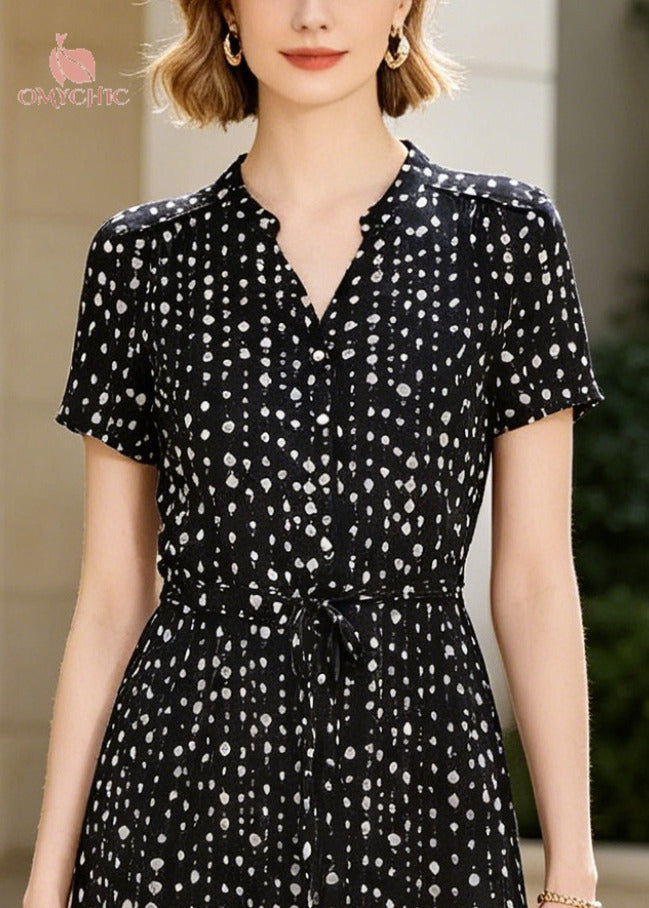 Polka Dot V-Neck Stand Collar Button Front Tie Waist Short Sleeve Midi Dress