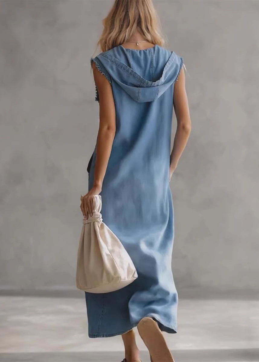 Casual Blue Hooded Pockets Patchwork Denim Dresses Sleeveless