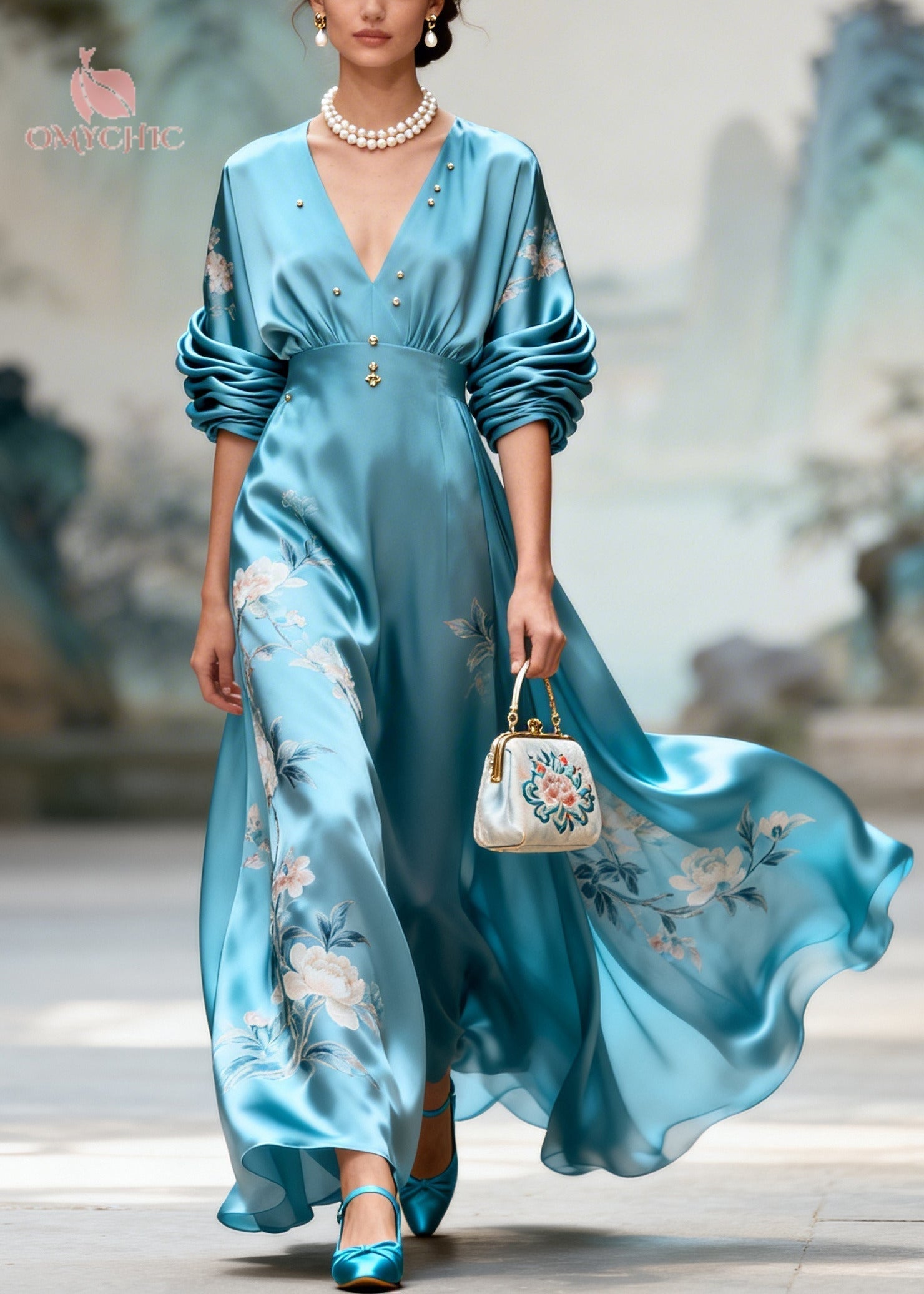Satin Floral Embroidery Deep V-Neck Ruched Sleeve Button Trim A-Line Maxi Gown