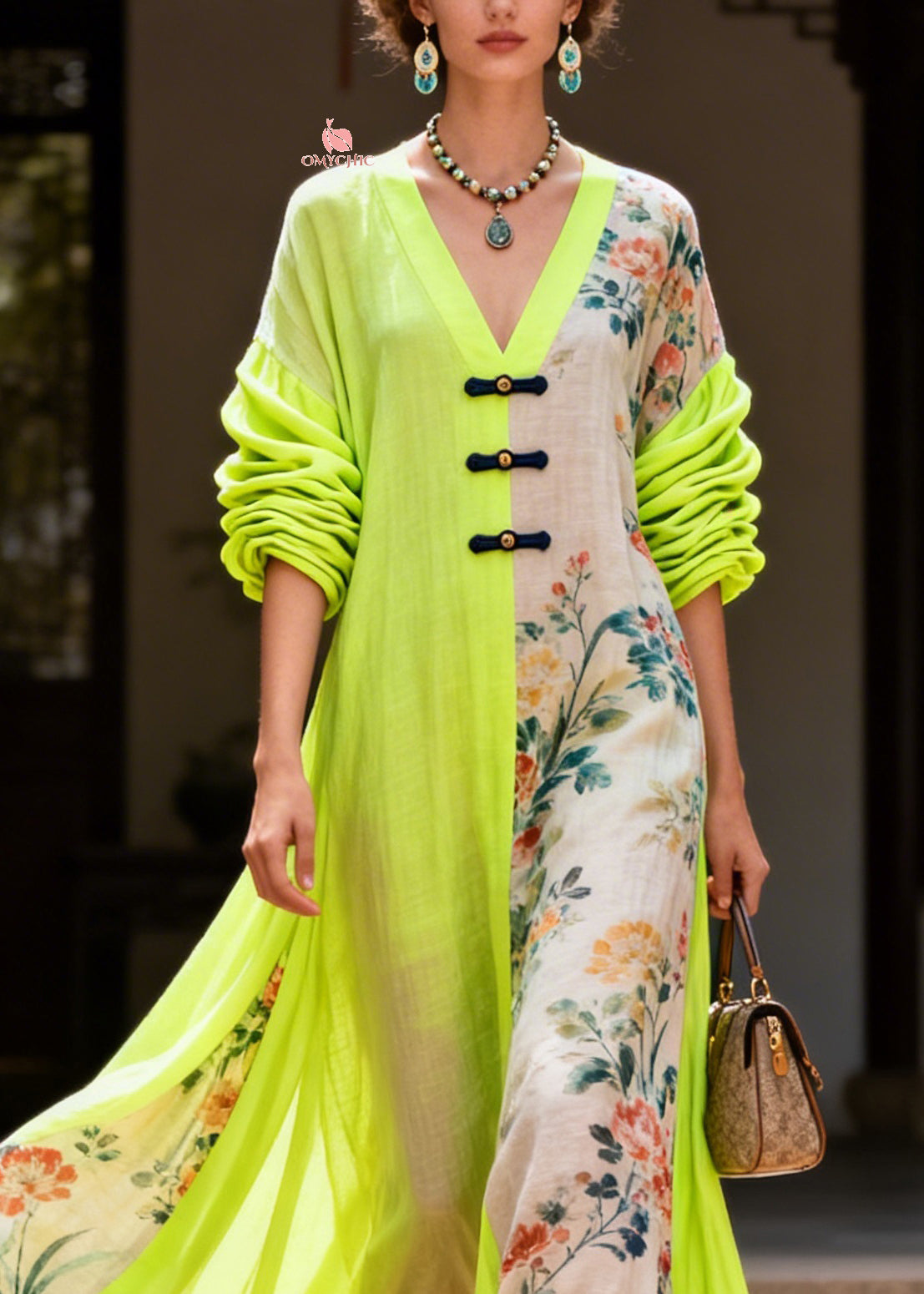 Casual Colorblock V Neck Print Maxi Dresses Fall