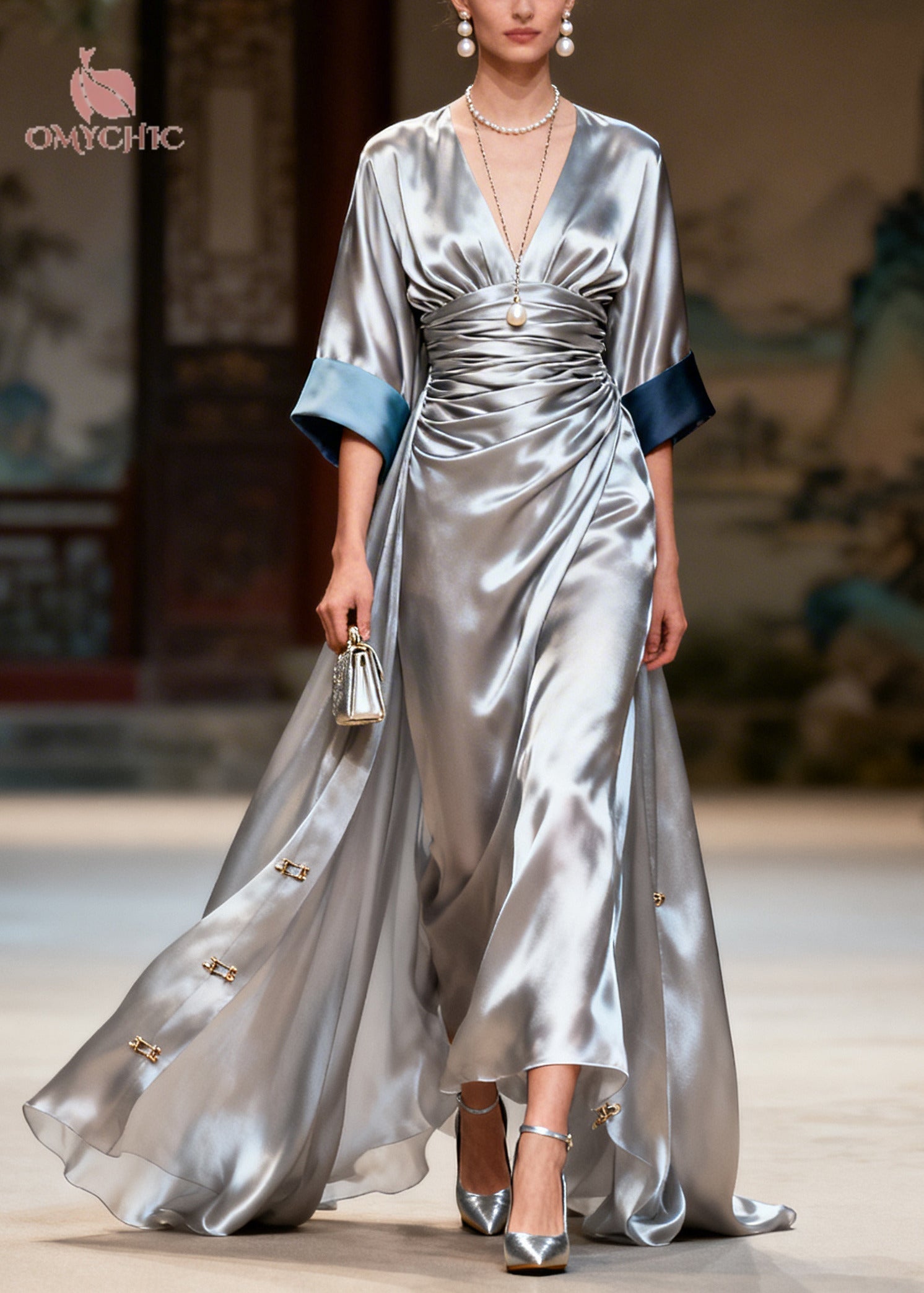 Satin Ruched Wrap Deep V-Neck Contrast Cuff Wide Sleeve Buckle Trim Maxi Gown