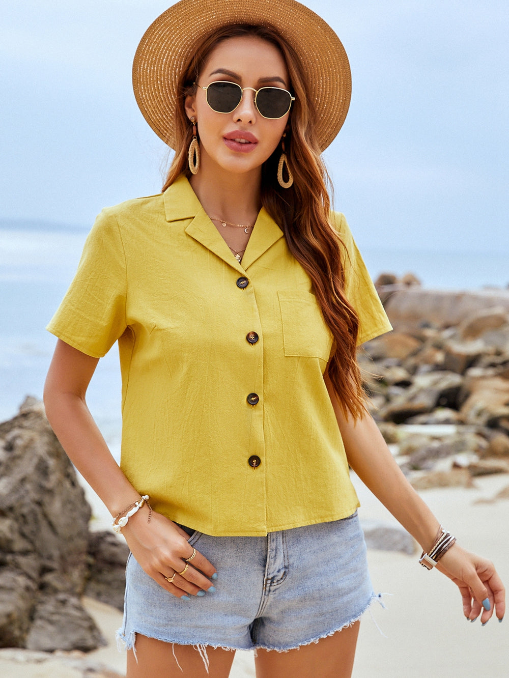 Casual Shirt Collar Yellow Cotton Top