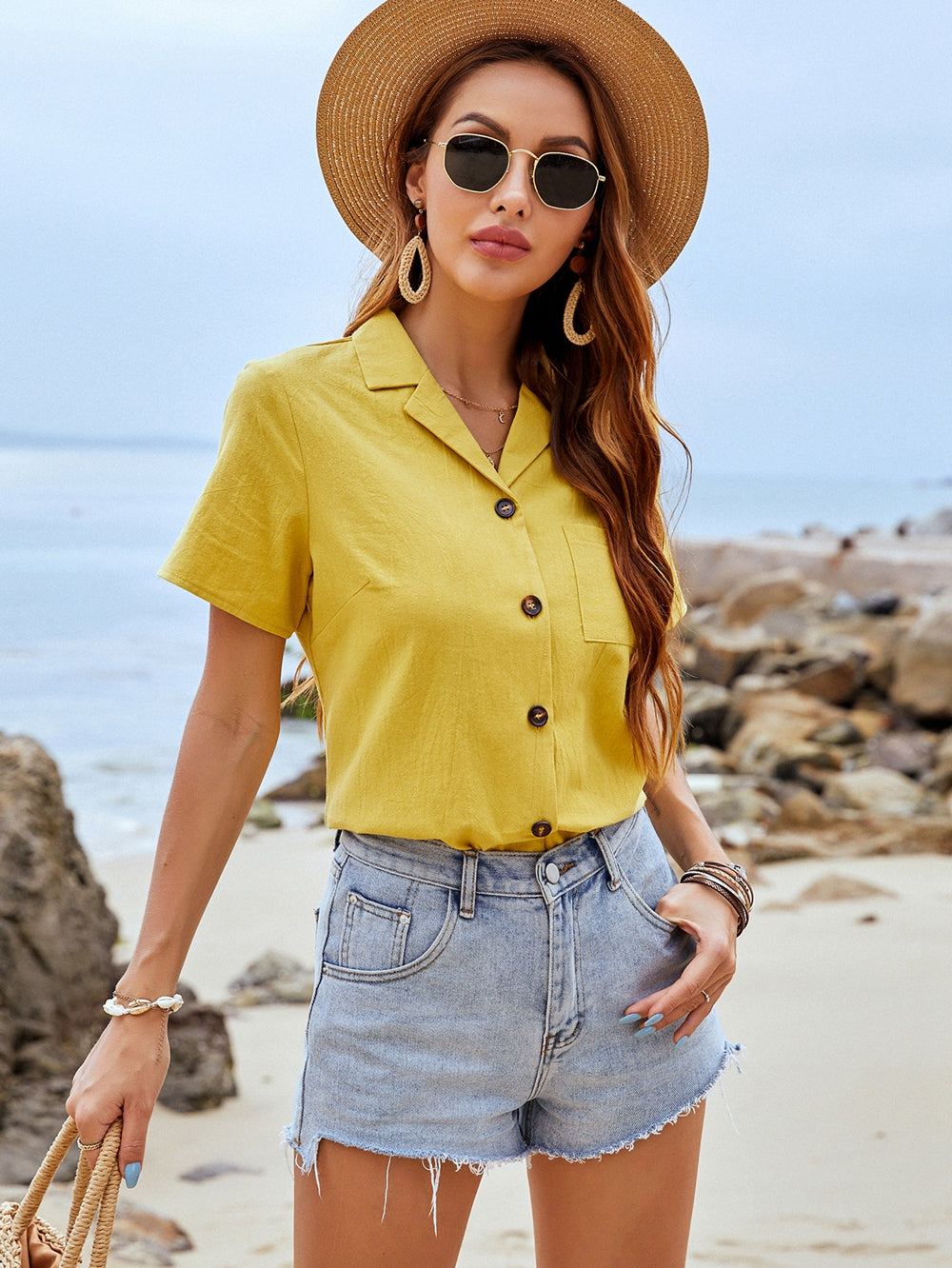 Casual Shirt Collar Yellow Cotton Top