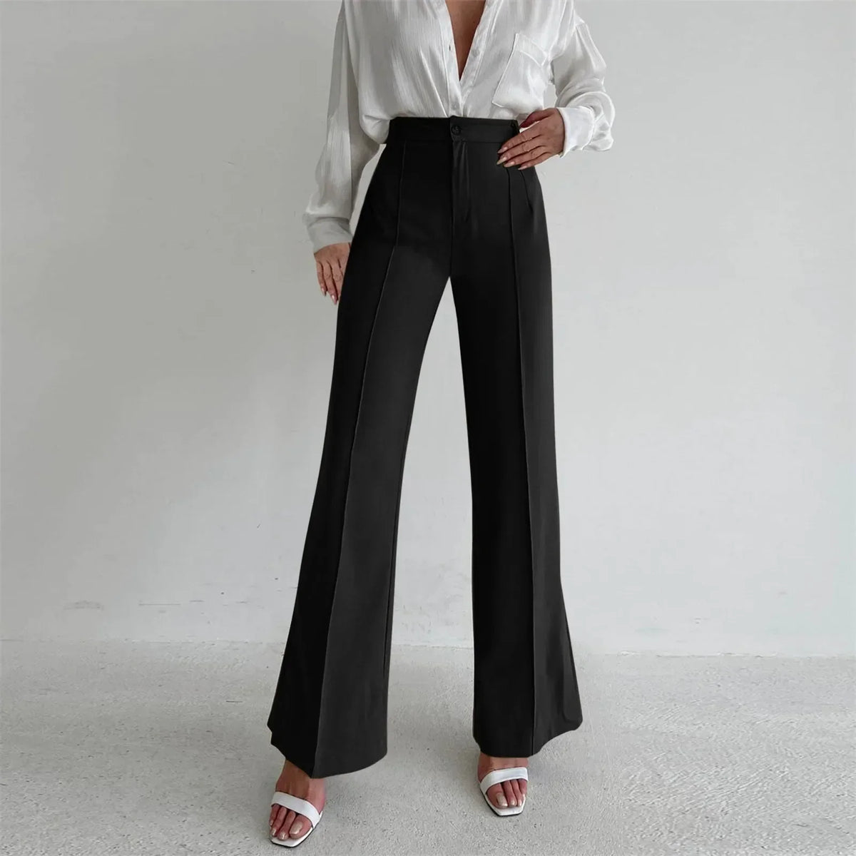 High Waist Front Seam Pleated Flare Leg Tailored Trousers