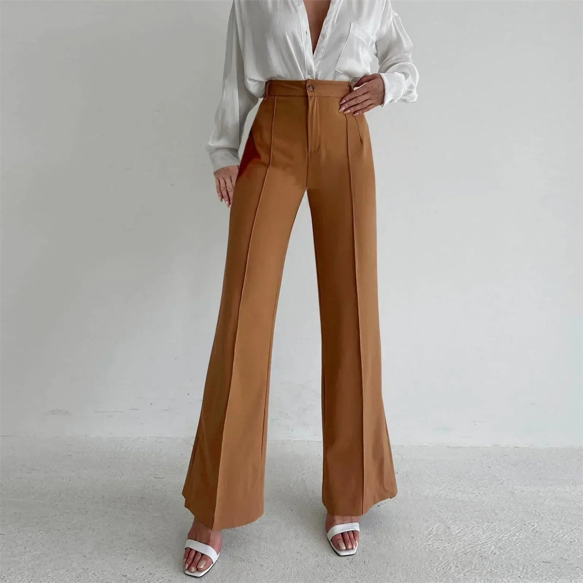 High Waist Front Seam Pleated Flare Leg Tailored Trousers 4