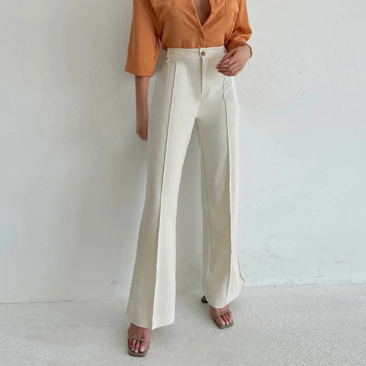 High Waist Front Seam Pleated Flare Leg Tailored Trousers 2