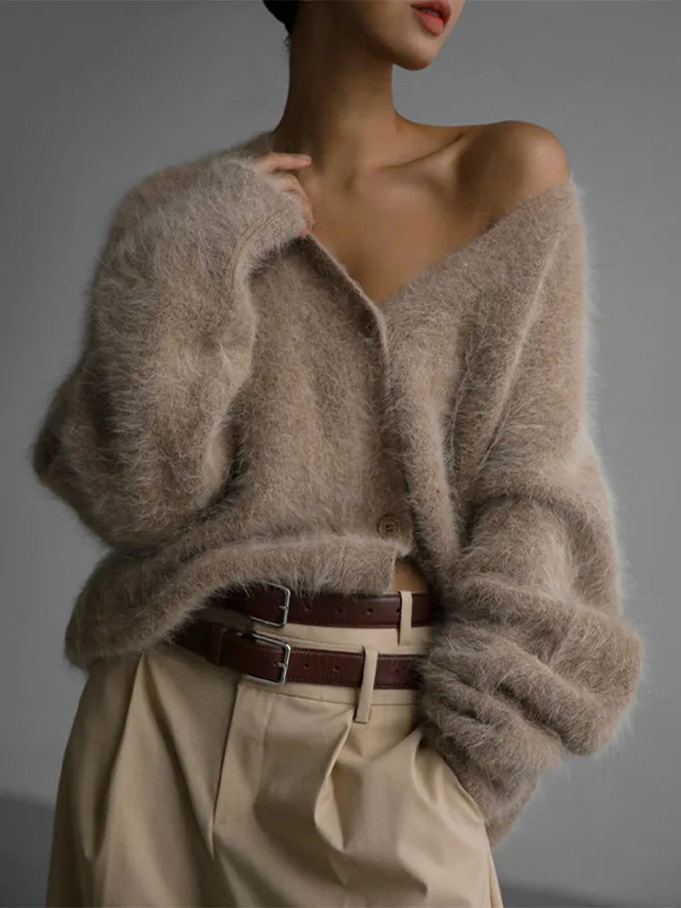 V-Neck Fuzzy Knit Button Front Long Sleeve Oversized Cardigan 4