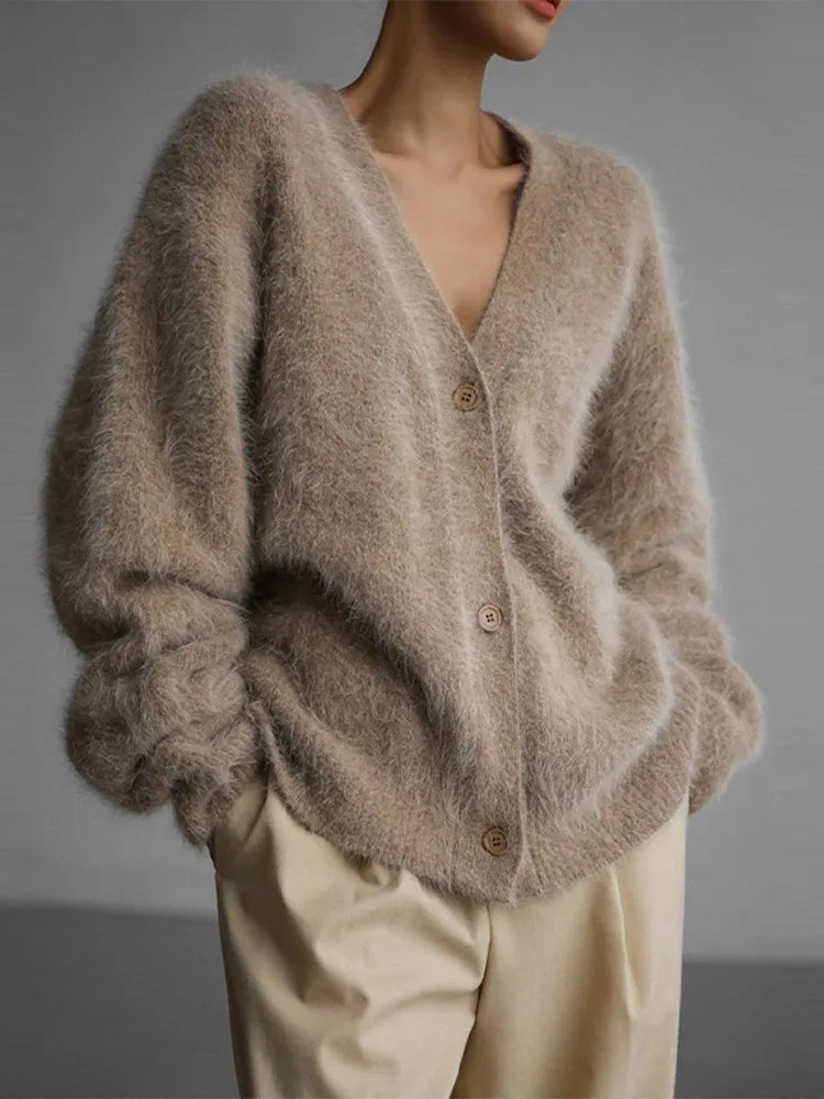 V-Neck Fuzzy Knit Button Front Long Sleeve Oversized Cardigan 3