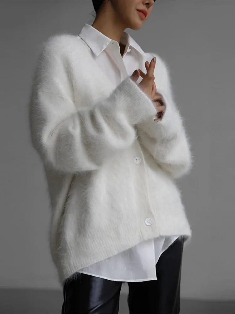 V-Neck Fuzzy Knit Button Front Long Sleeve Oversized Cardigan 7
