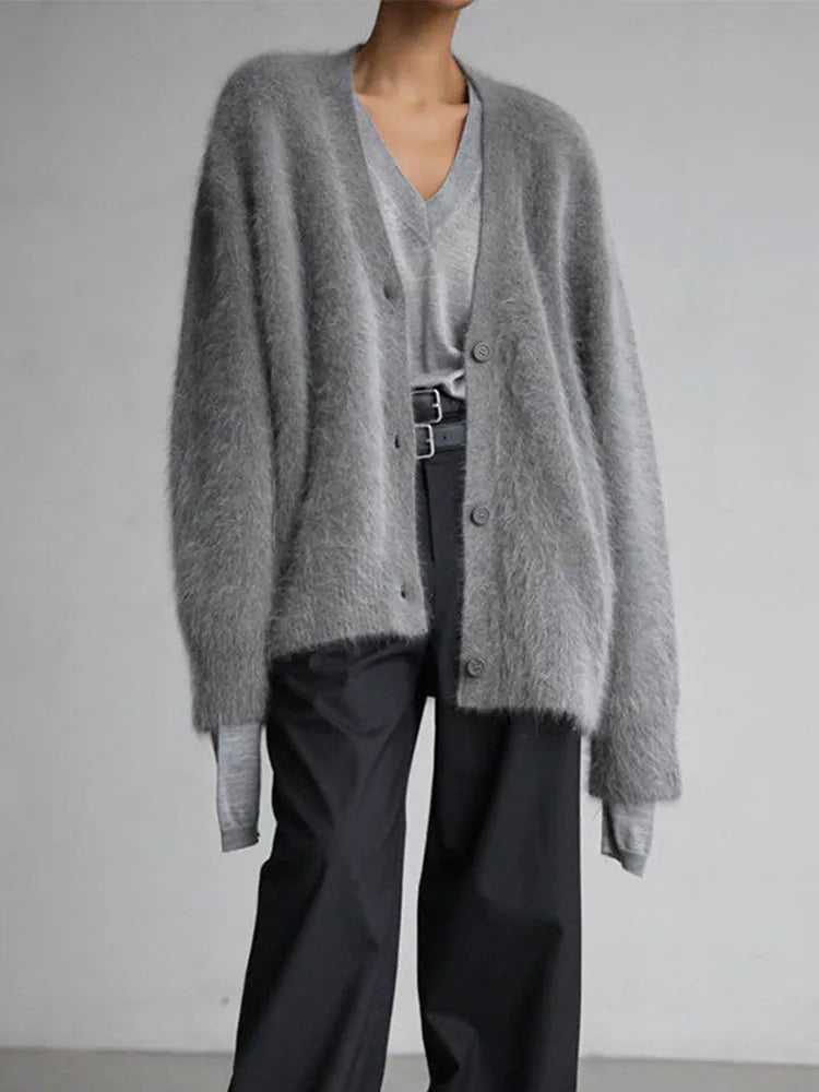 V-Neck Fuzzy Knit Button Front Long Sleeve Oversized Cardigan