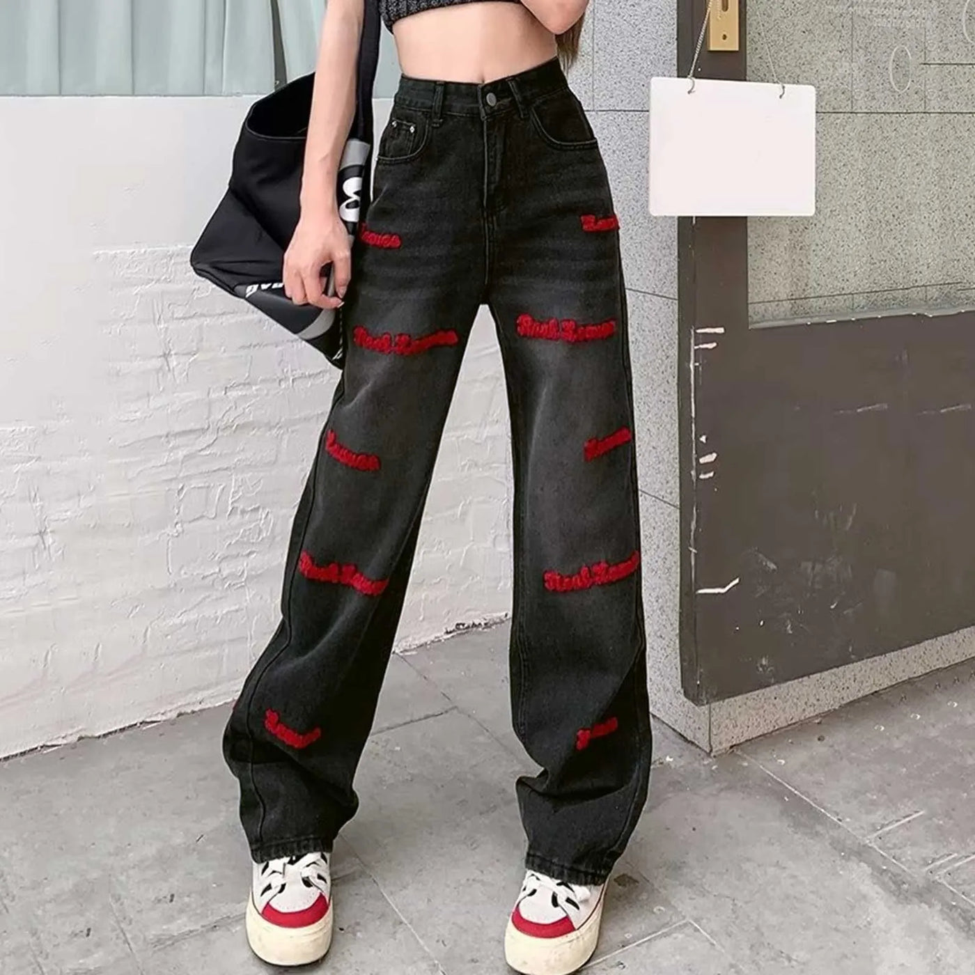 Vintage High Waist Oversize Sweatpants Jeans Red / S