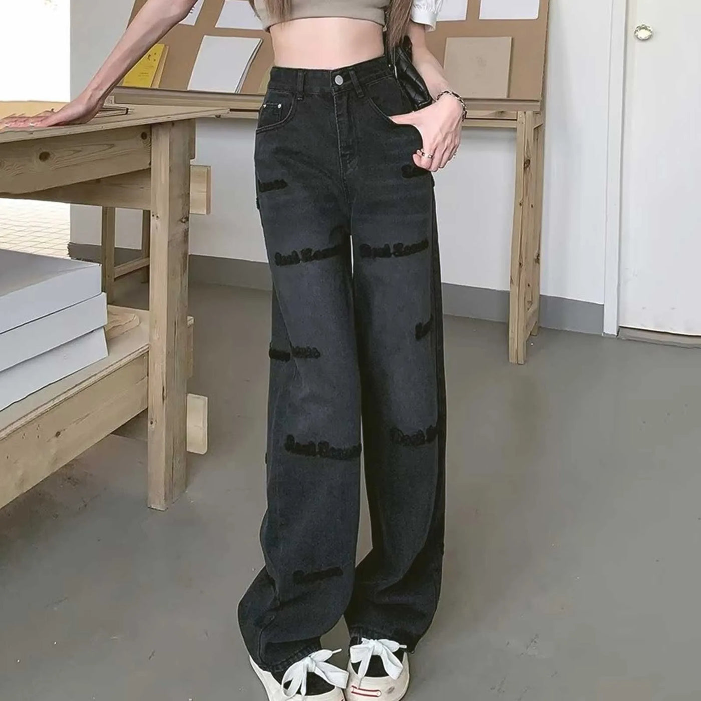 High-Waist Vintage Washed Wide-Leg Denim Jeans