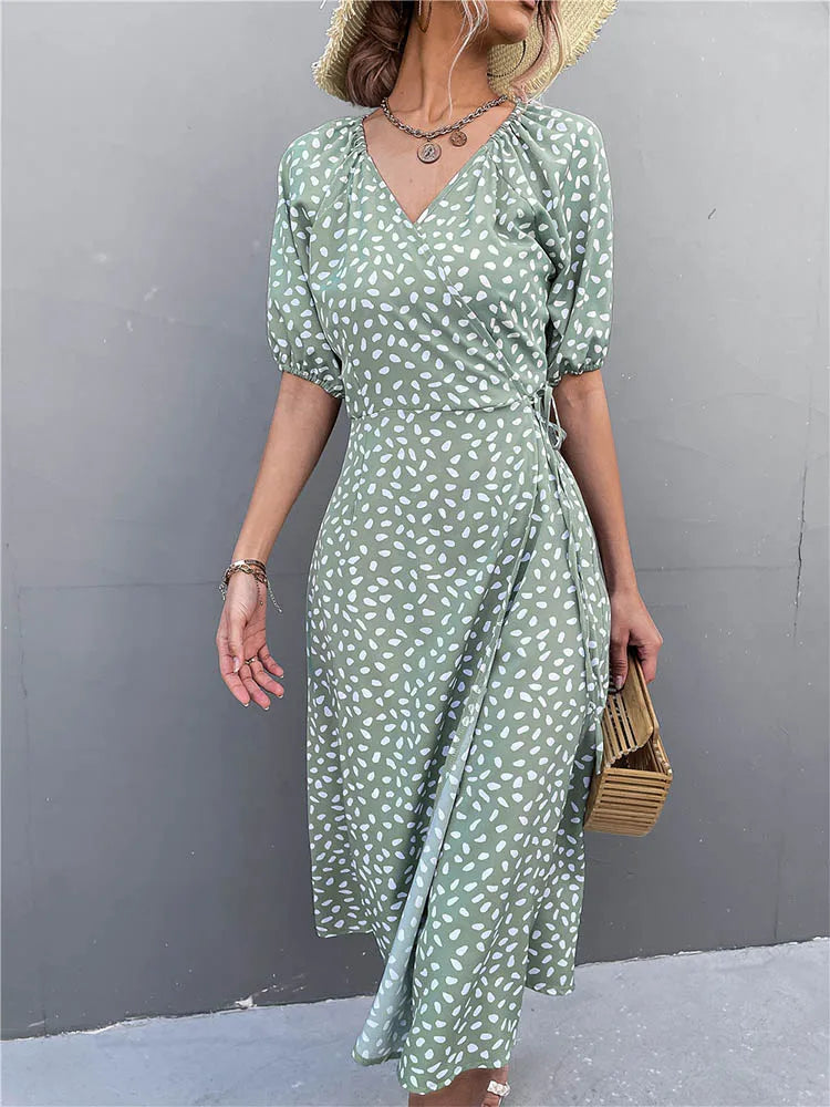 Casual Chiffon Side Wrap Polka Dot Puff Aline Split Midi Dresses