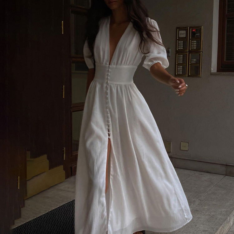 Casual Dress Puff Sleeve Waist Slimming Elegant Slim Fit Dress