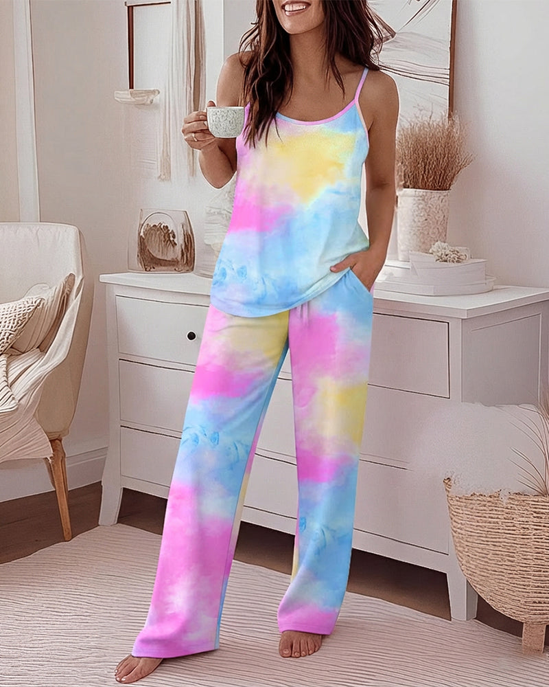 Professional Tie Dye Pajama Set | Adjustable Cami & Relaxed Wide Leg P