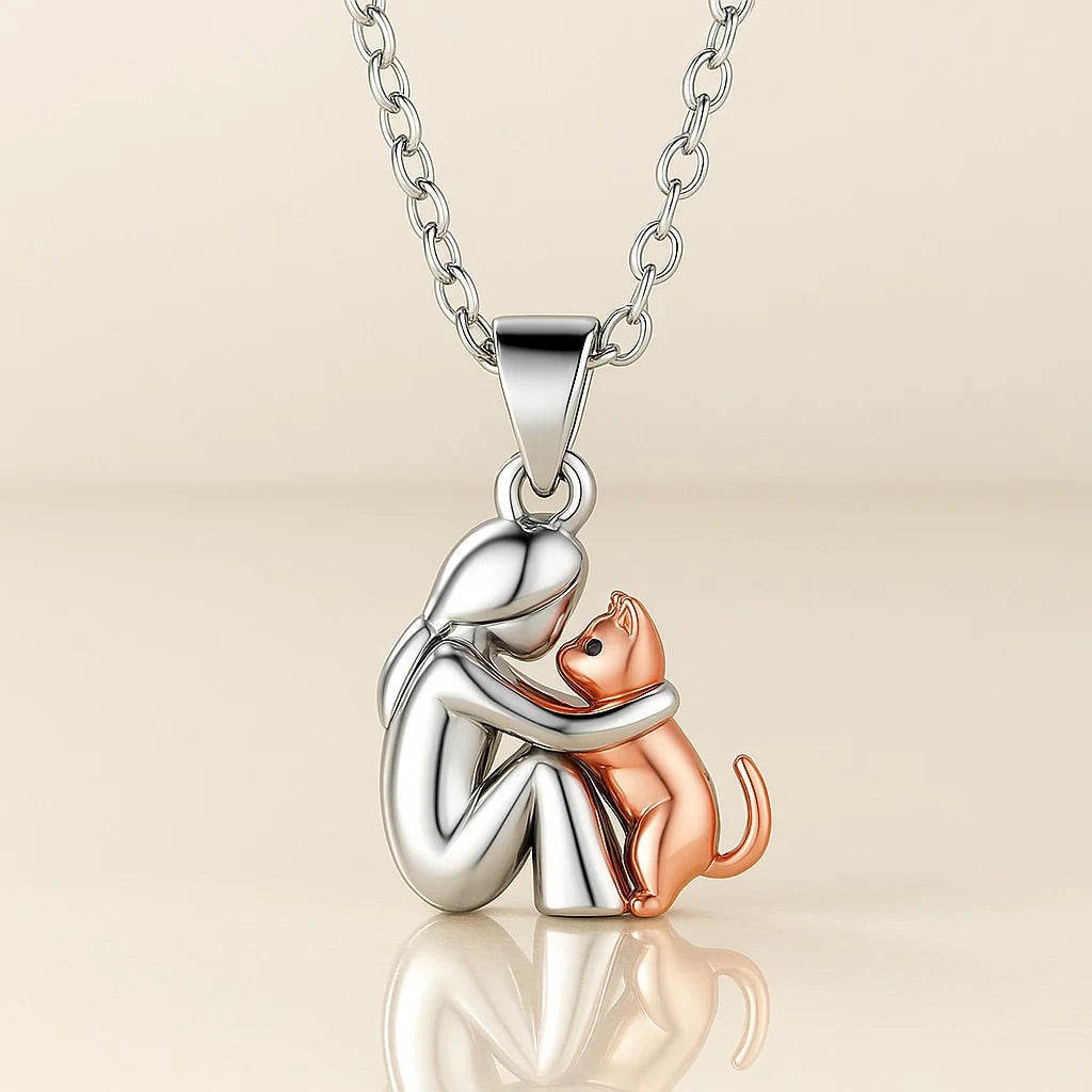 Girl and Cat Hug Pendant Chain Necklace