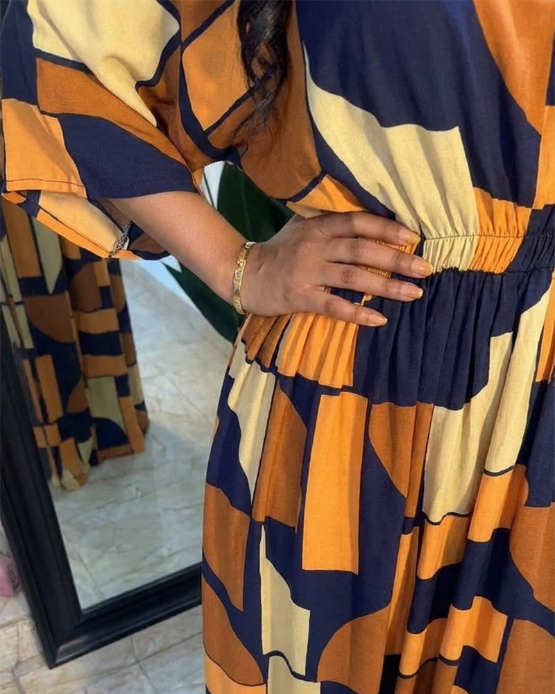 Chic Colorblock Geometric Jumpsuit with Belted Waist and Pockets