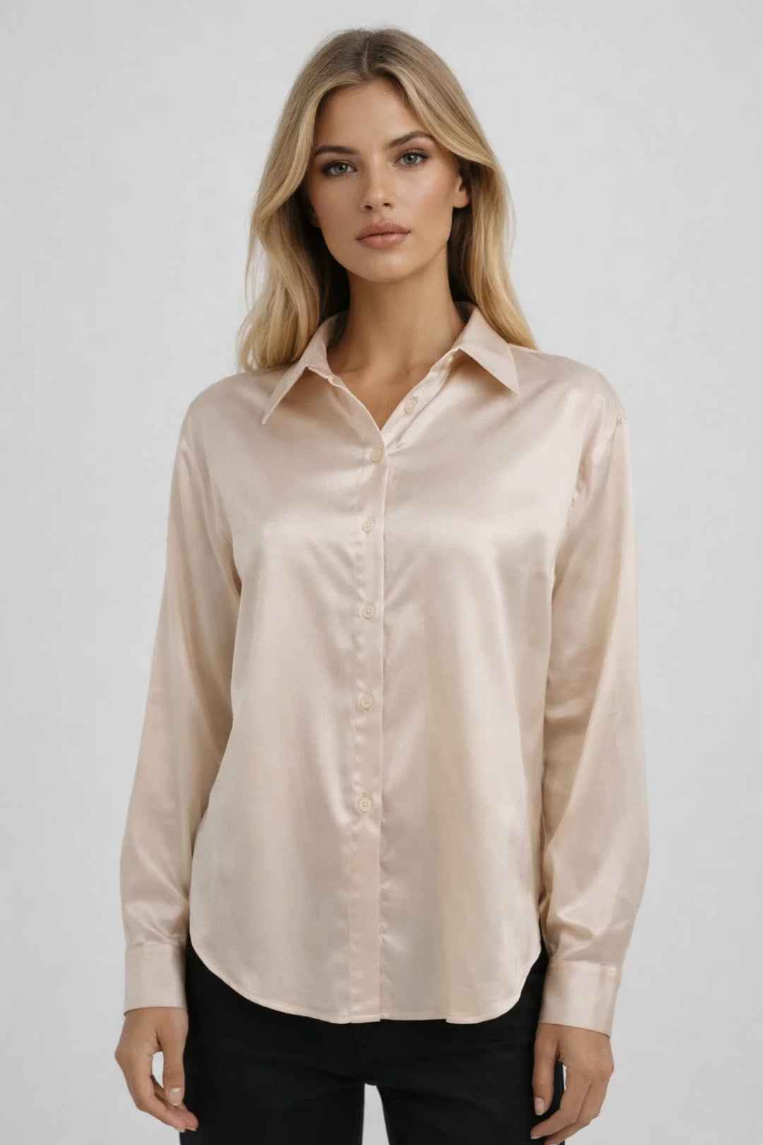 Elegant White Silk Blouse with Tailored Fit and Button Details