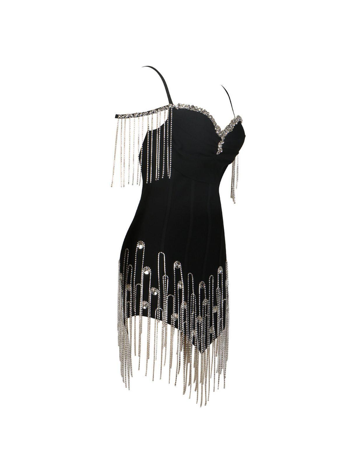 Rhinestone Fringe Sweetheart Spaghetti Strap Bustier Medallion Bandage Mini Dress