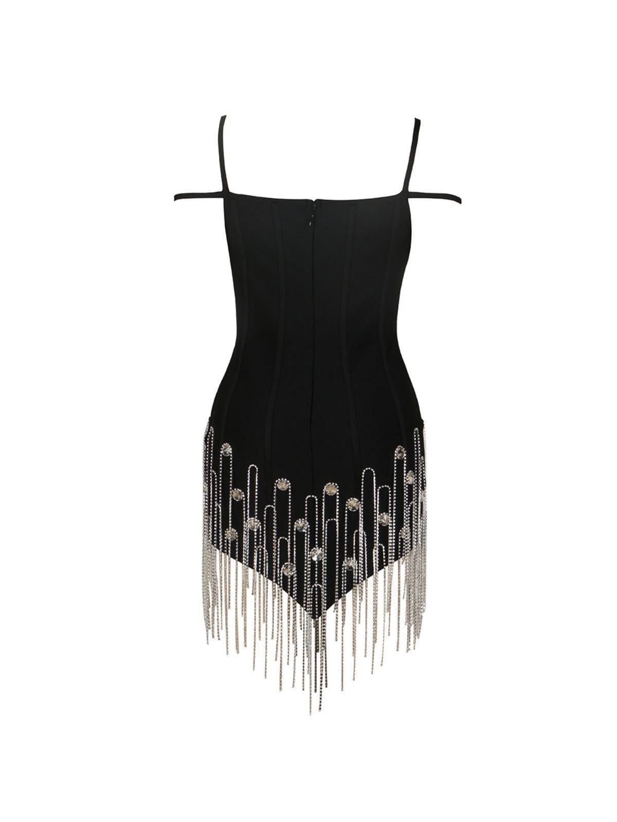Rhinestone Fringe Sweetheart Spaghetti Strap Bustier Medallion Bandage Mini Dress