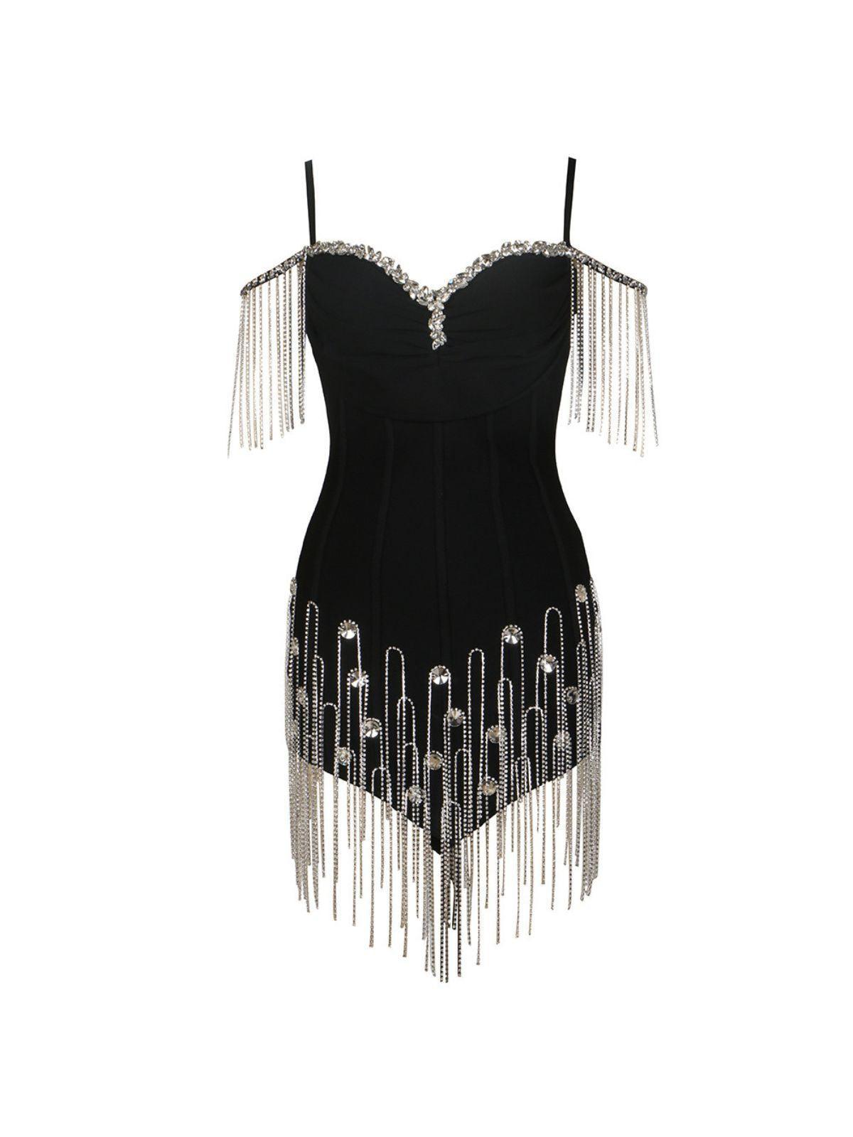 Rhinestone Fringe Sweetheart Spaghetti Strap Bustier Medallion Bandage Mini Dress