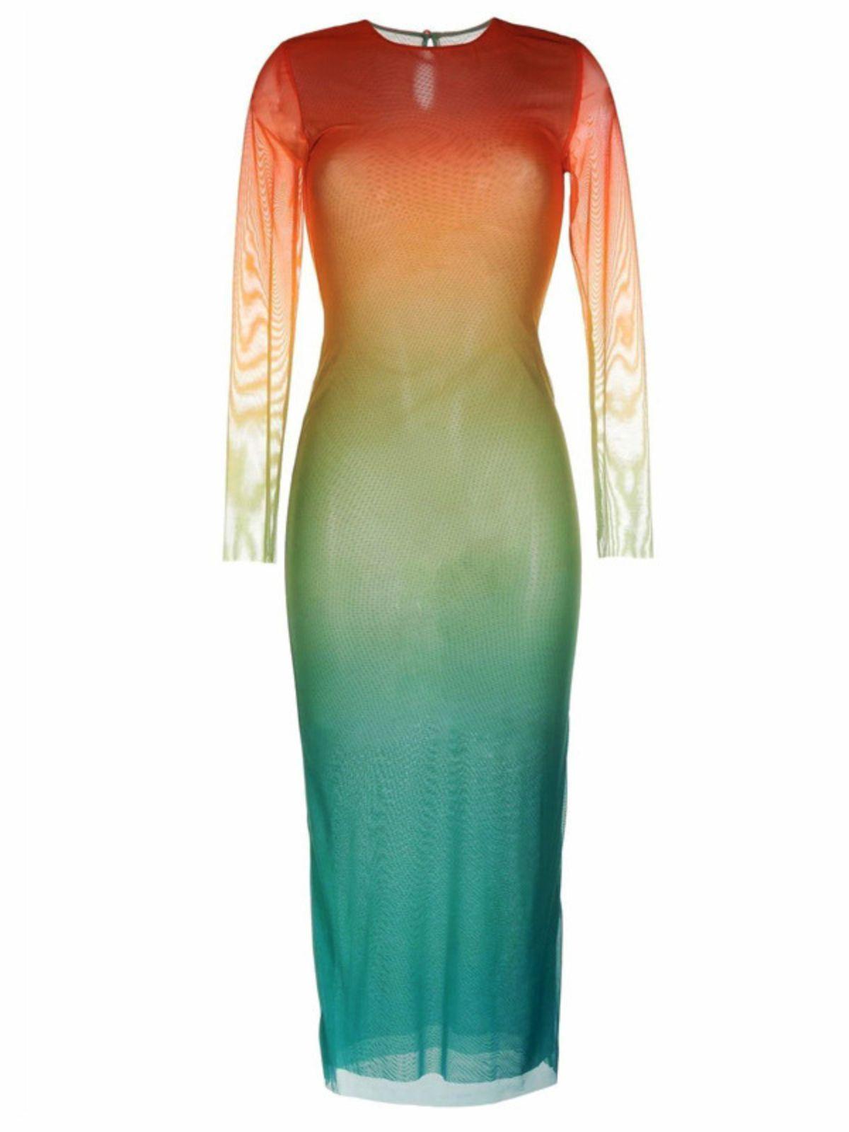 Ombre Mesh Round Neck Long Sleeve Bodycon Midi Dress