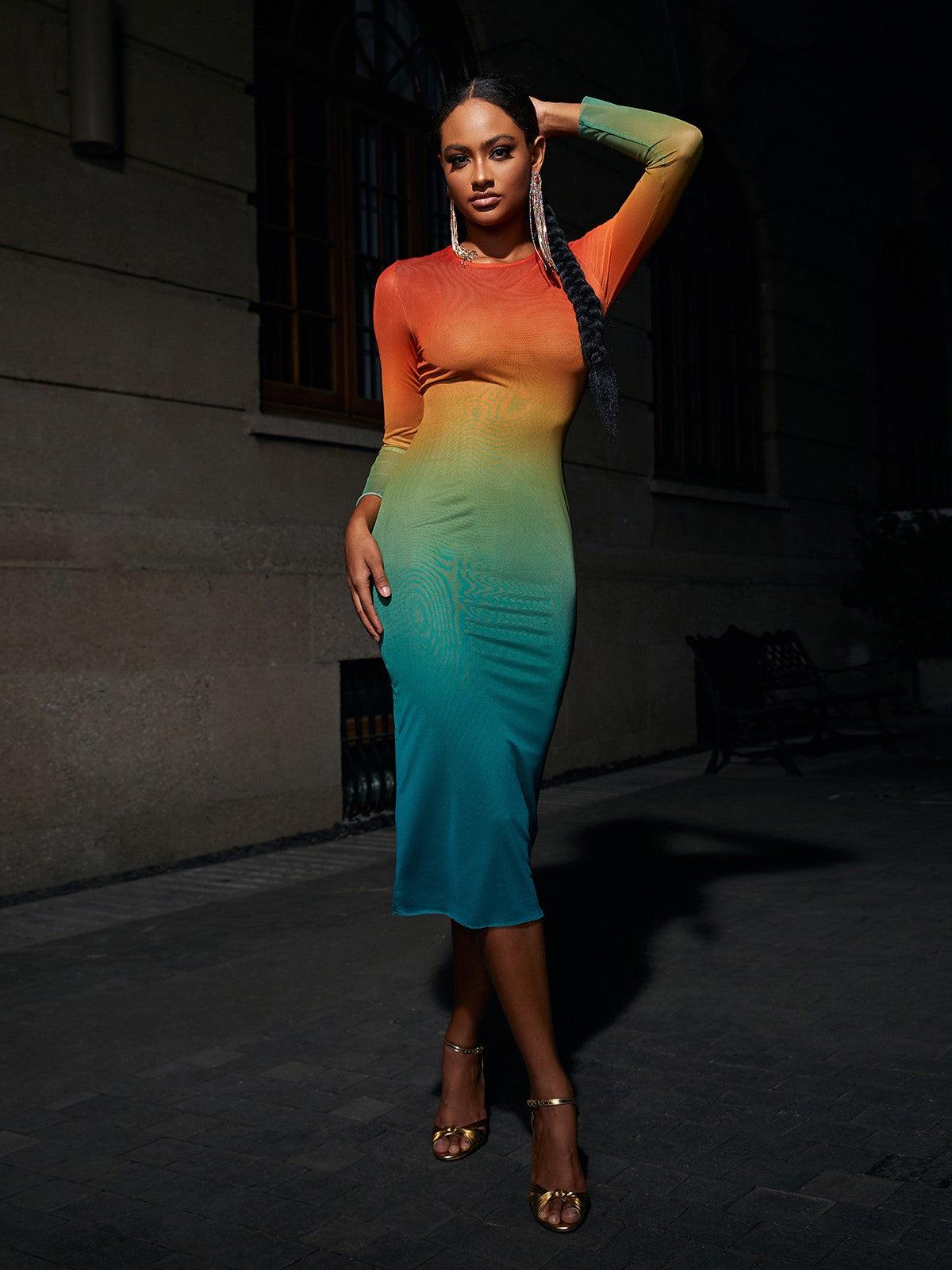 Ombre Mesh Round Neck Long Sleeve Bodycon Midi Dress