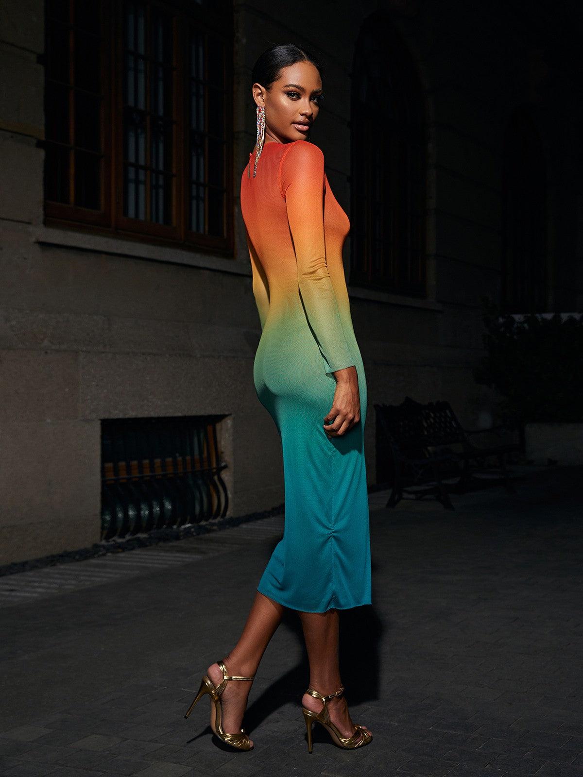 Ombre Mesh Round Neck Long Sleeve Bodycon Midi Dress