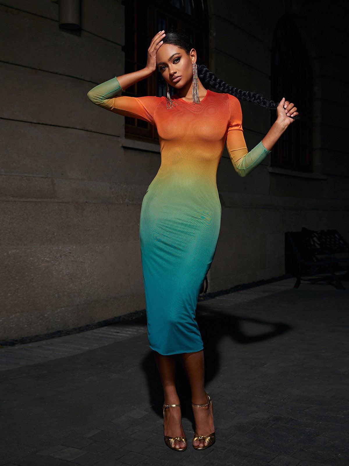 Ombre Mesh Round Neck Long Sleeve Bodycon Midi Dress