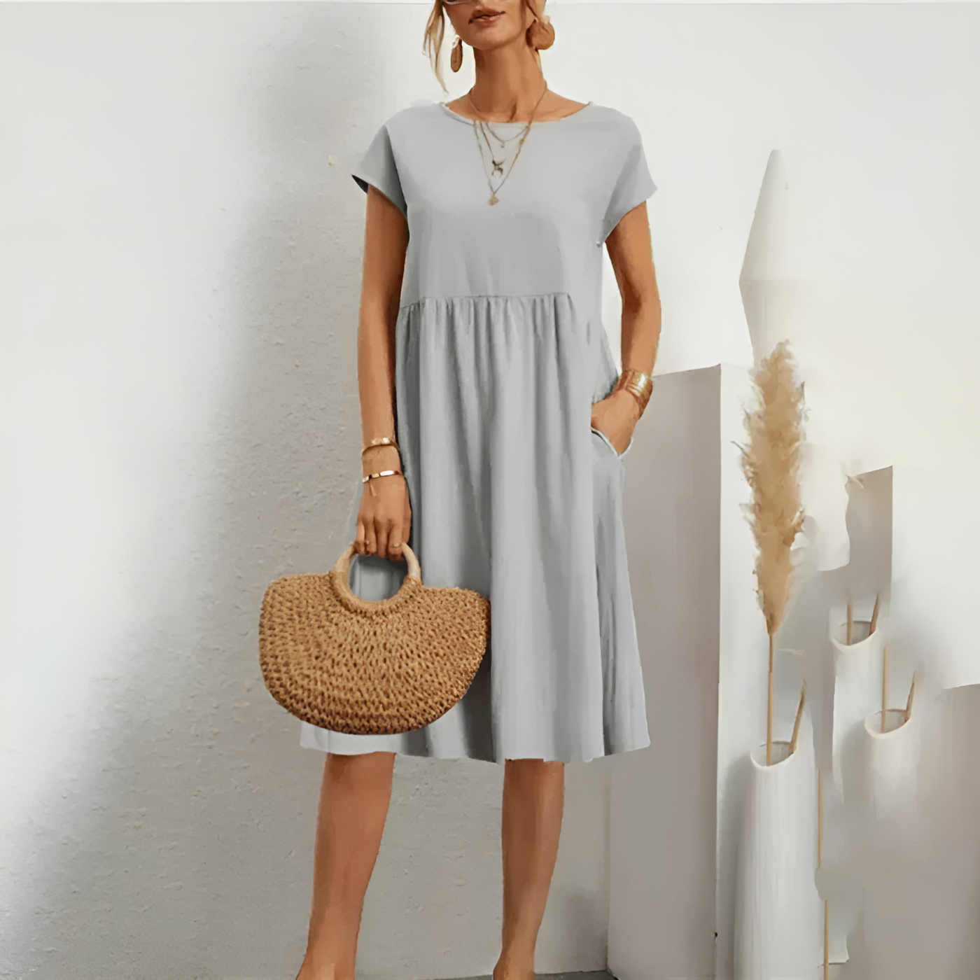 Crew Neck Cap Sleeve Pocket Midi Dress Summer 12
