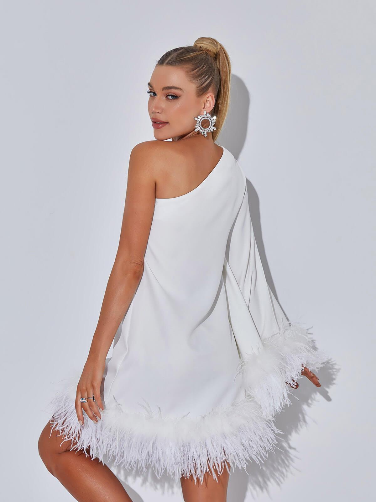 Ceridwen One Shoulder Feather Mini Dress In White 5
