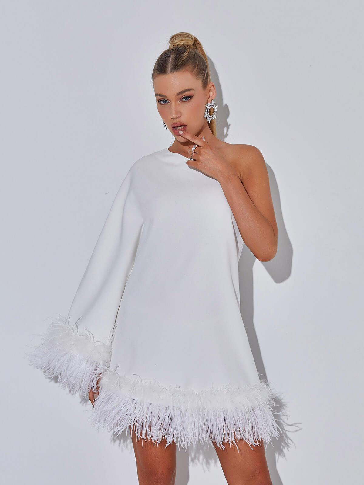 Ceridwen One Shoulder Feather Mini Dress In White 2