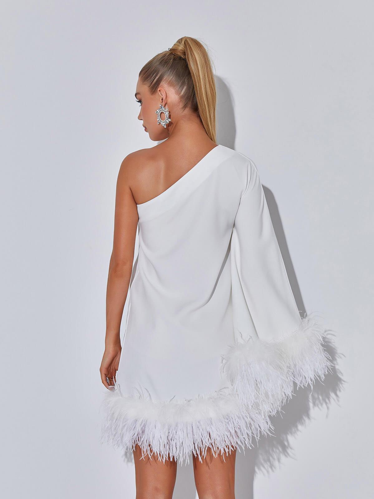 Ceridwen One Shoulder Feather Mini Dress In White 6