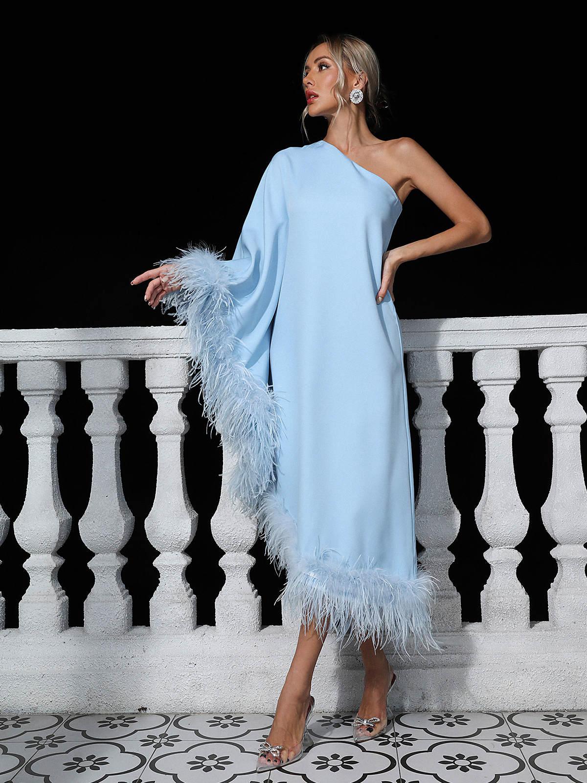 One Shoulder Feather Trim Batwing Sleeve Midi Dress