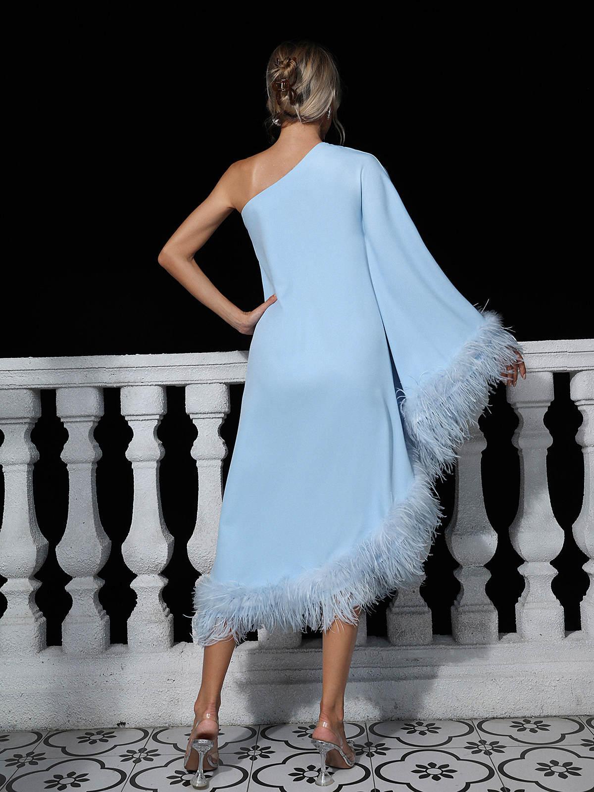 One Shoulder Feather Trim Batwing Sleeve Midi Dress