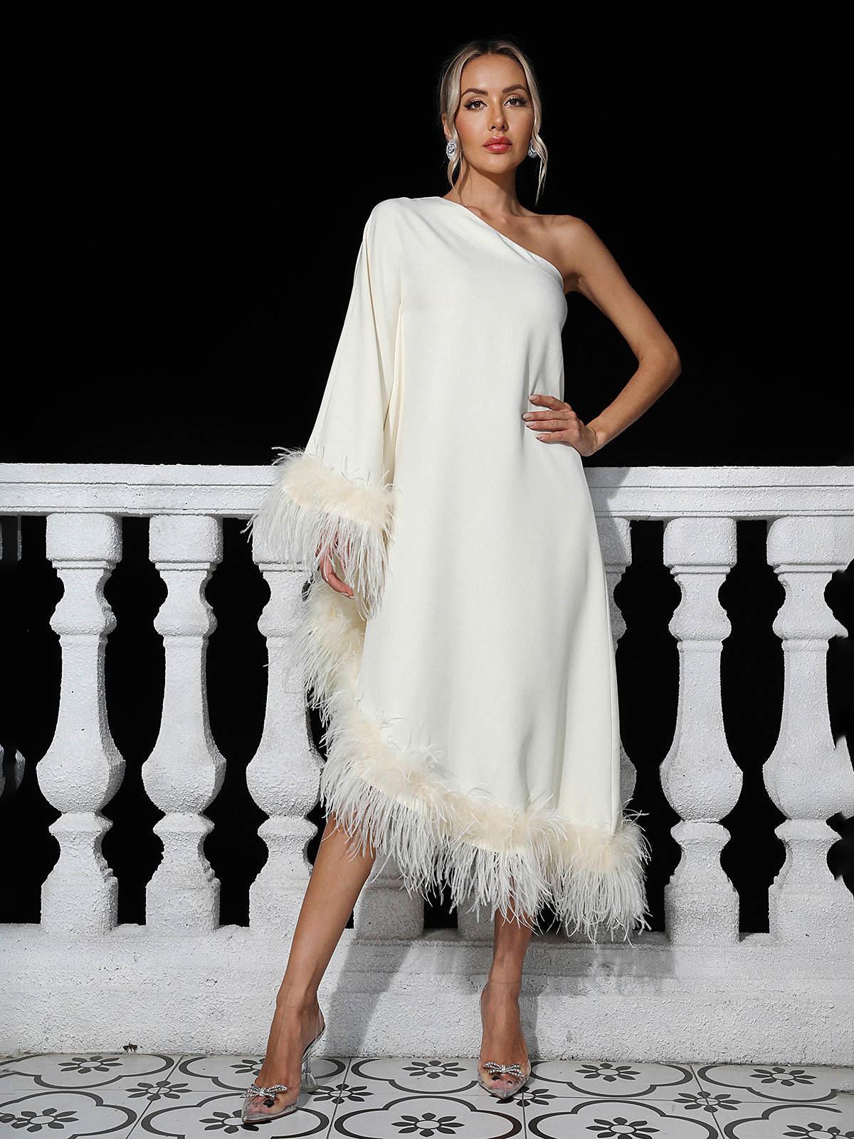 One Shoulder Cape Sleeve Feather Trim Asymmetric Hem Midi Dress