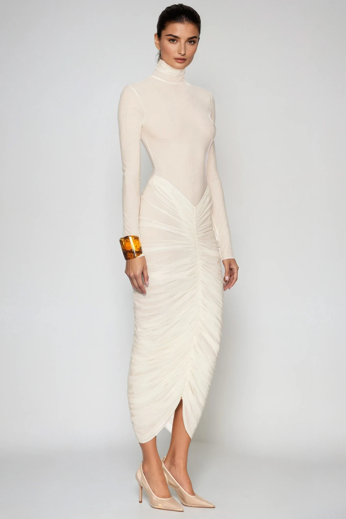 High Cesarina Neck Ruch Midi Dress