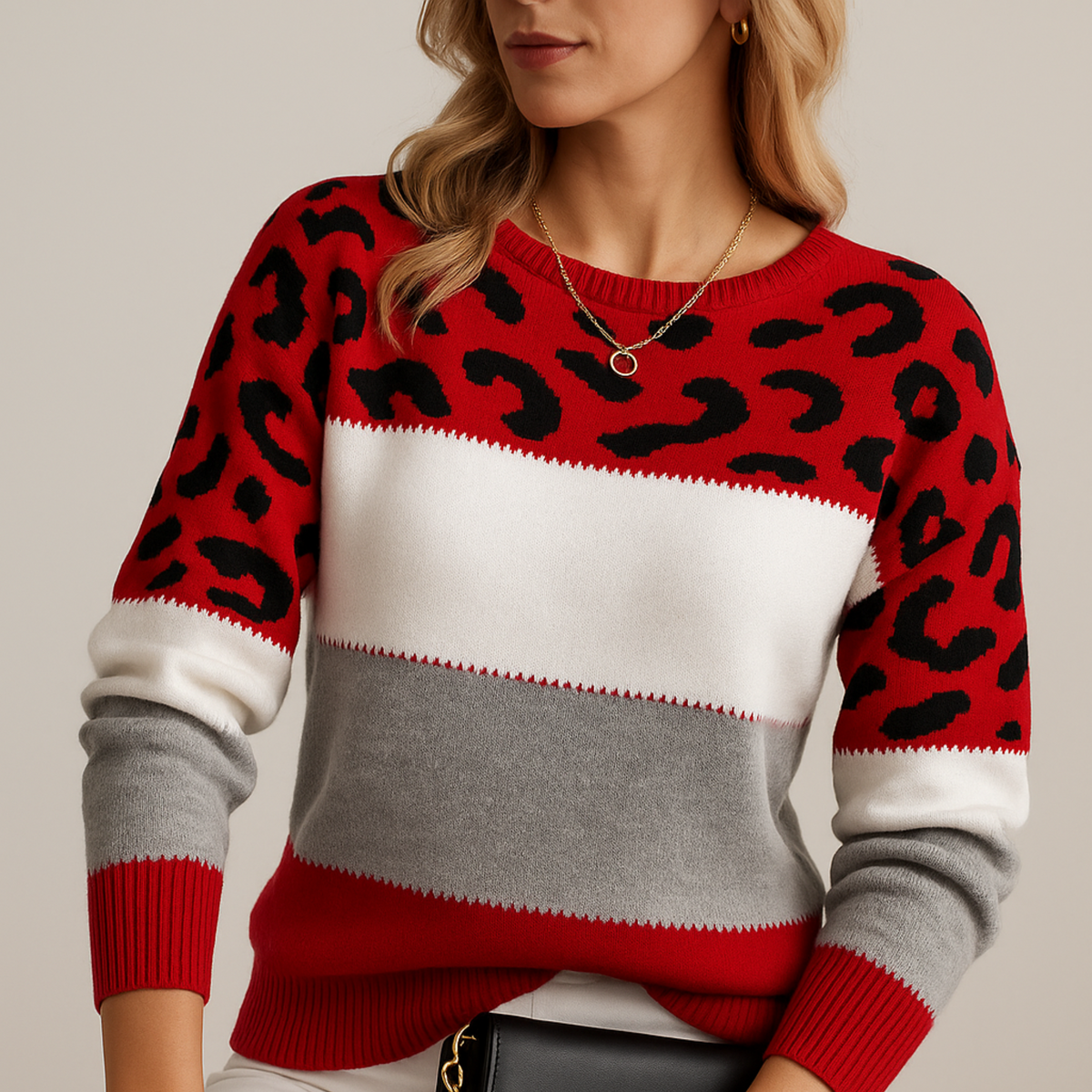 Boat Neck Leopard Print Colorblock Knit Sweater