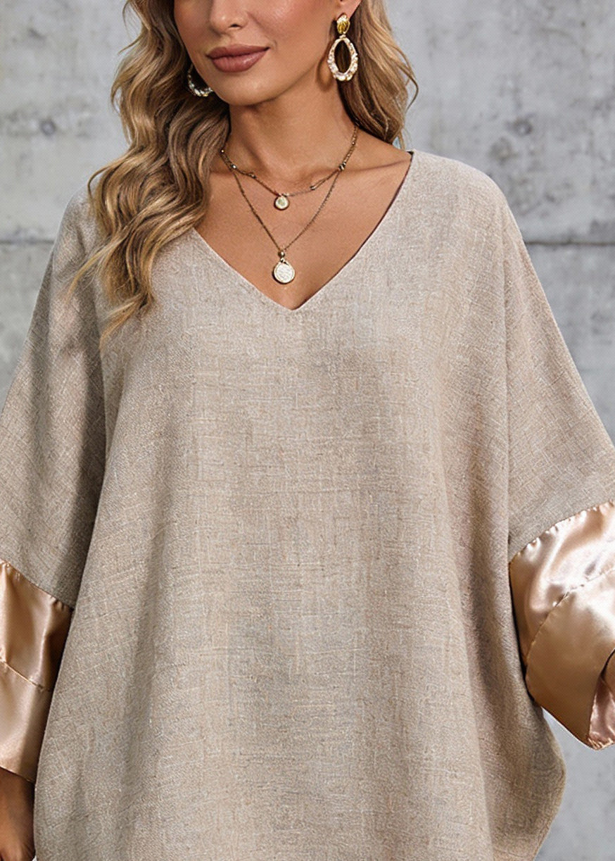 V-Neck Batwing Sleeve Satin Cuff Woven Patchwork Shift Mini Dress
