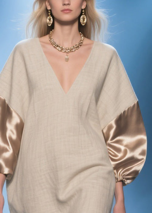 V-Neck Lantern Sleeve Satin Panel Oversized Woven Shift Mini Dress