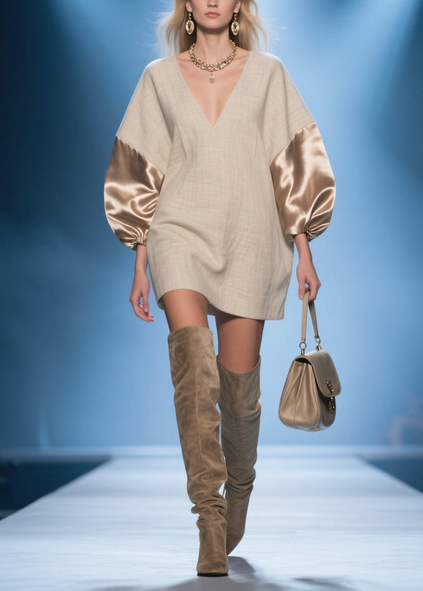 V-Neck Lantern Sleeve Satin Panel Oversized Woven Shift Mini Dress