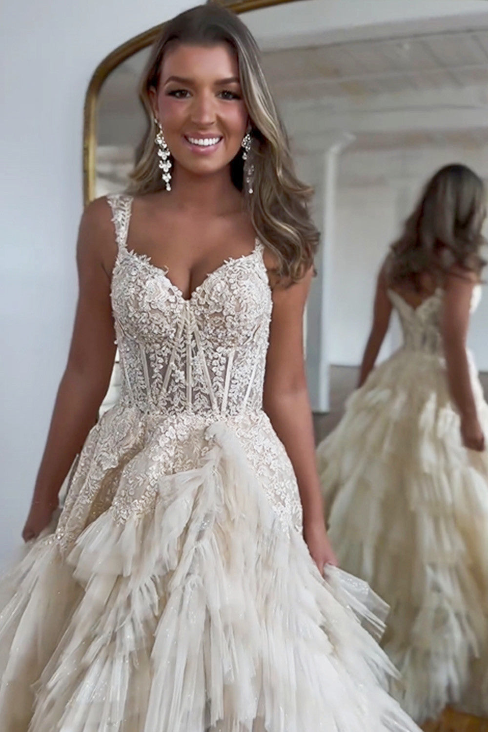 Champagne A-Line Tulle Long Prom Dress With Slit And Ruffles