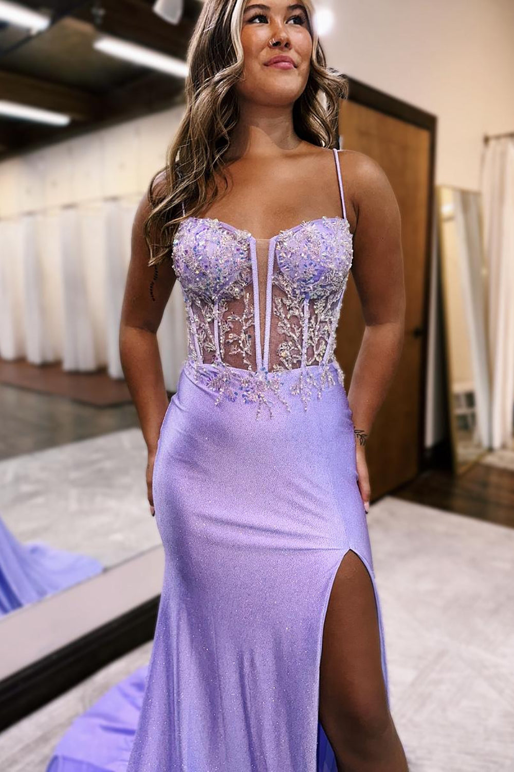 Sparkly Lilac Mermaid Spaghetti Straps Sweep Train Prom Dress With Slit