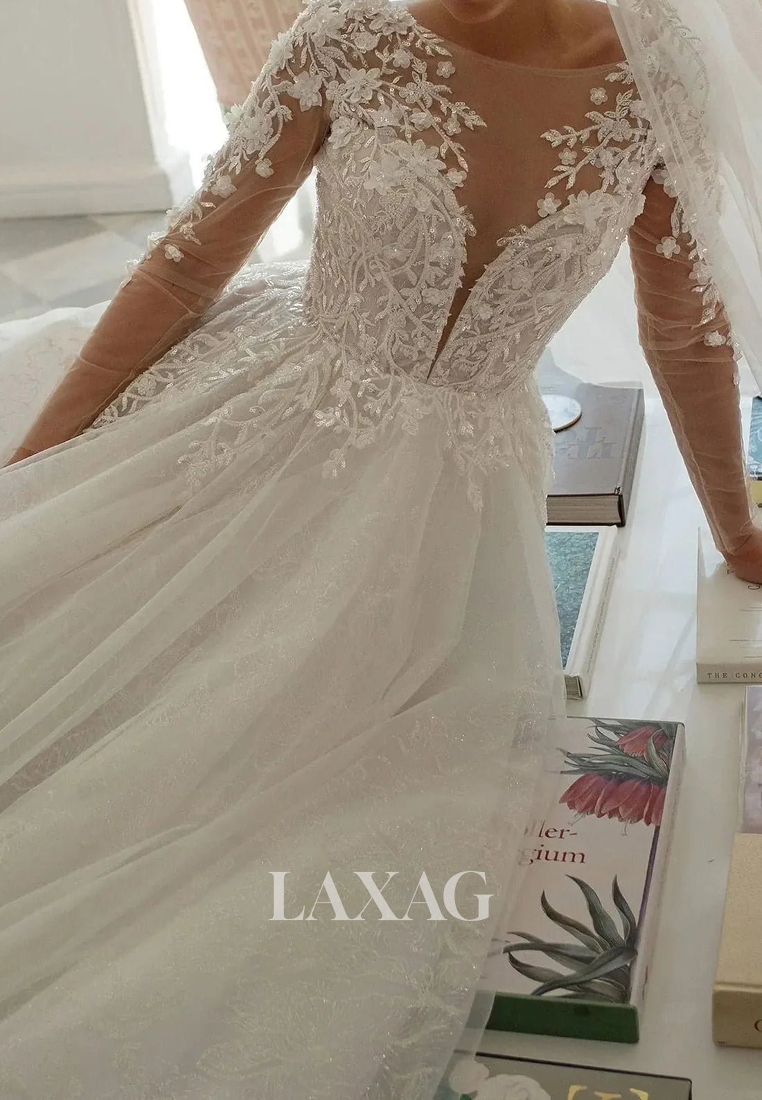 Deep V-Neck Long-Sleeves Beaded Bride Gowns Applique Pleated Tulle A-Line Wedding Dress